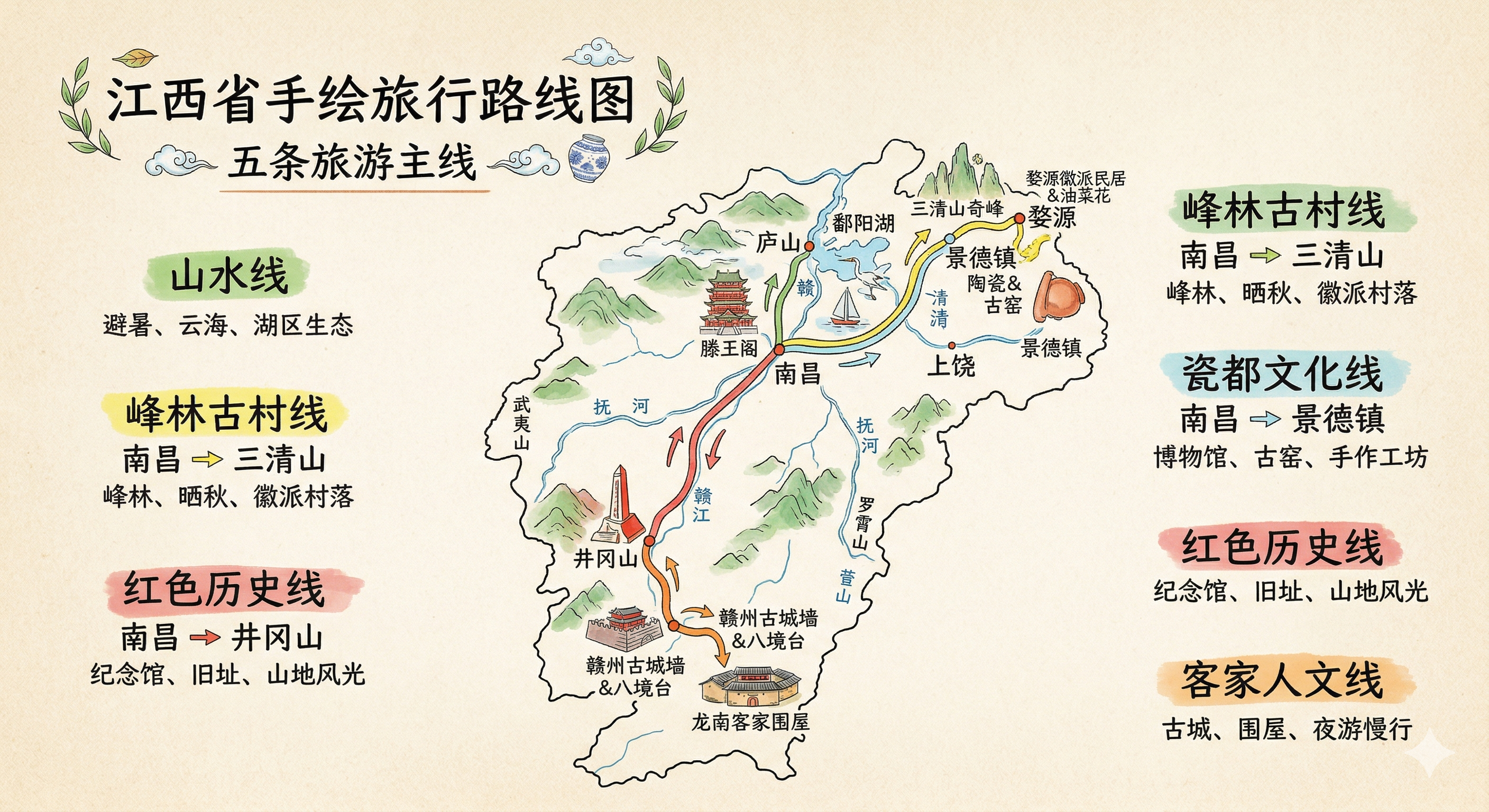 江西五条旅行主线手绘地图