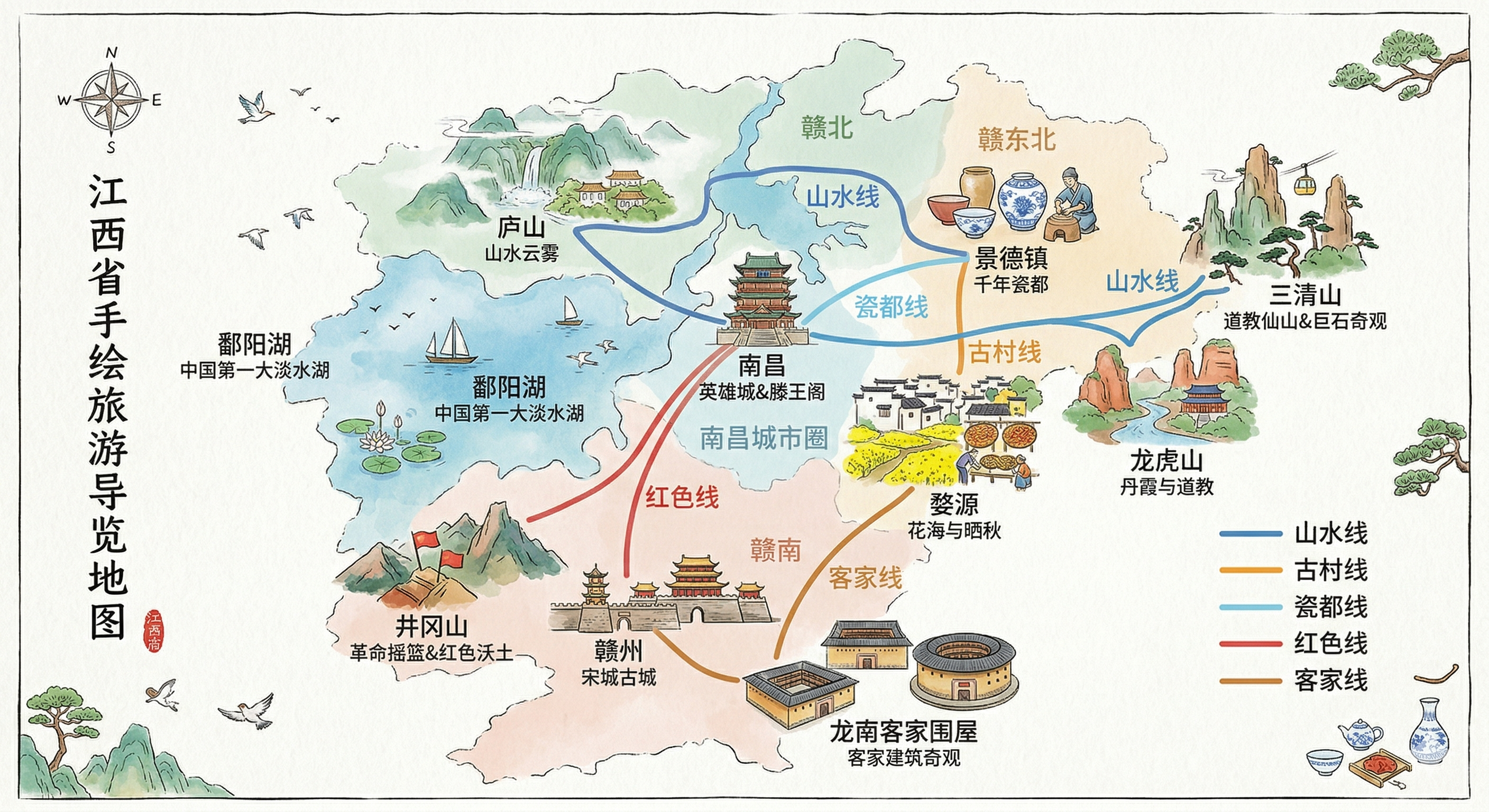 江西省手绘旅游导览地图